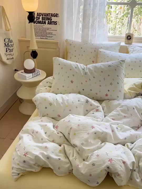 91家纺网 家纺一手货源 找家纺 梦纤绒 2025新款云感木棉皱皱双层纱四件套-简单款 星空物语
