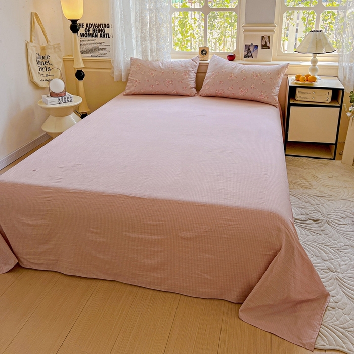 91家纺网 家纺一手货源 找家纺 梦纤绒 2025新款云感木棉皱皱双层纱四件套-简单款 一束温柔