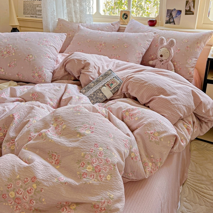 91家纺网 家纺一手货源 找家纺 梦纤绒 2025新款云感木棉皱皱双层纱四件套-简单款 一束温柔