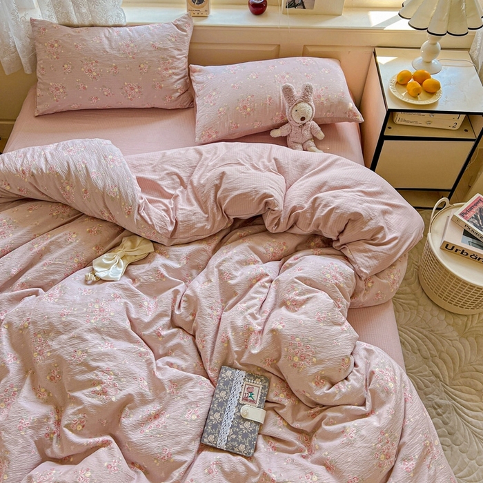 91家纺网 家纺一手货源 找家纺 梦纤绒 2025新款云感木棉皱皱双层纱四件套-简单款 一束温柔