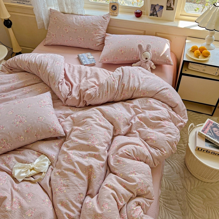 91家纺网 家纺一手货源 找家纺 梦纤绒 2025新款云感木棉皱皱双层纱四件套-简单款 一束温柔