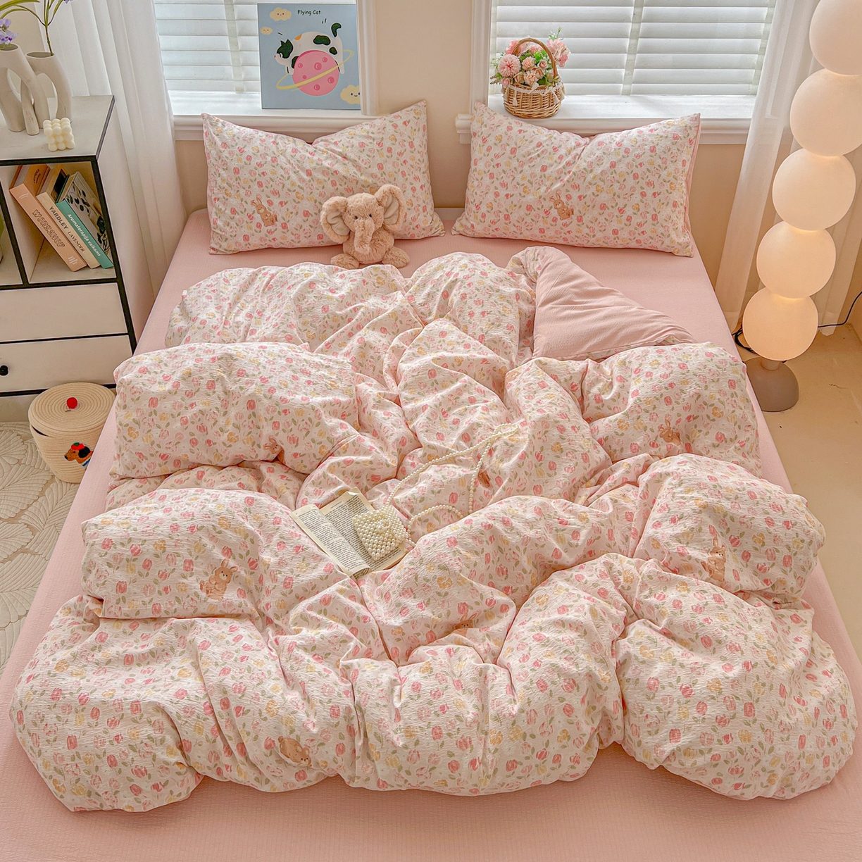 梦纤绒 2025新款云感木棉皱皱双层纱四件套-简单款 郁金香小兔粉