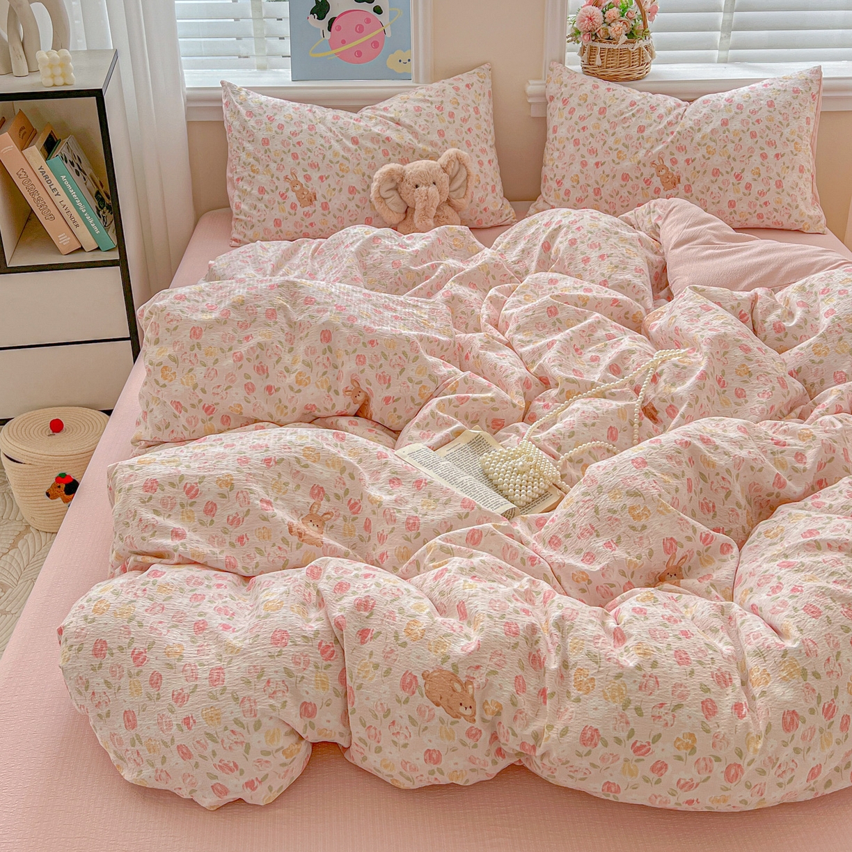 91家纺网 家纺一手货源 找家纺 梦纤绒 2025新款云感木棉皱皱双层纱四件套-简单款 郁金香小兔粉