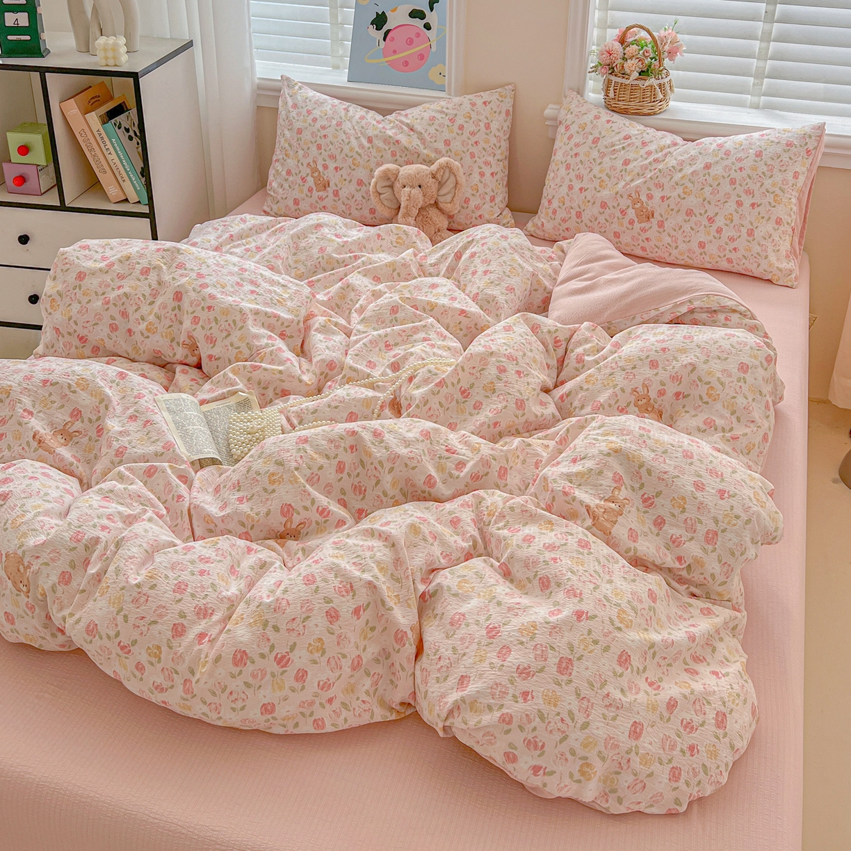 91家纺网 家纺一手货源 找家纺 梦纤绒 2025新款云感木棉皱皱双层纱四件套-简单款 郁金香小兔粉