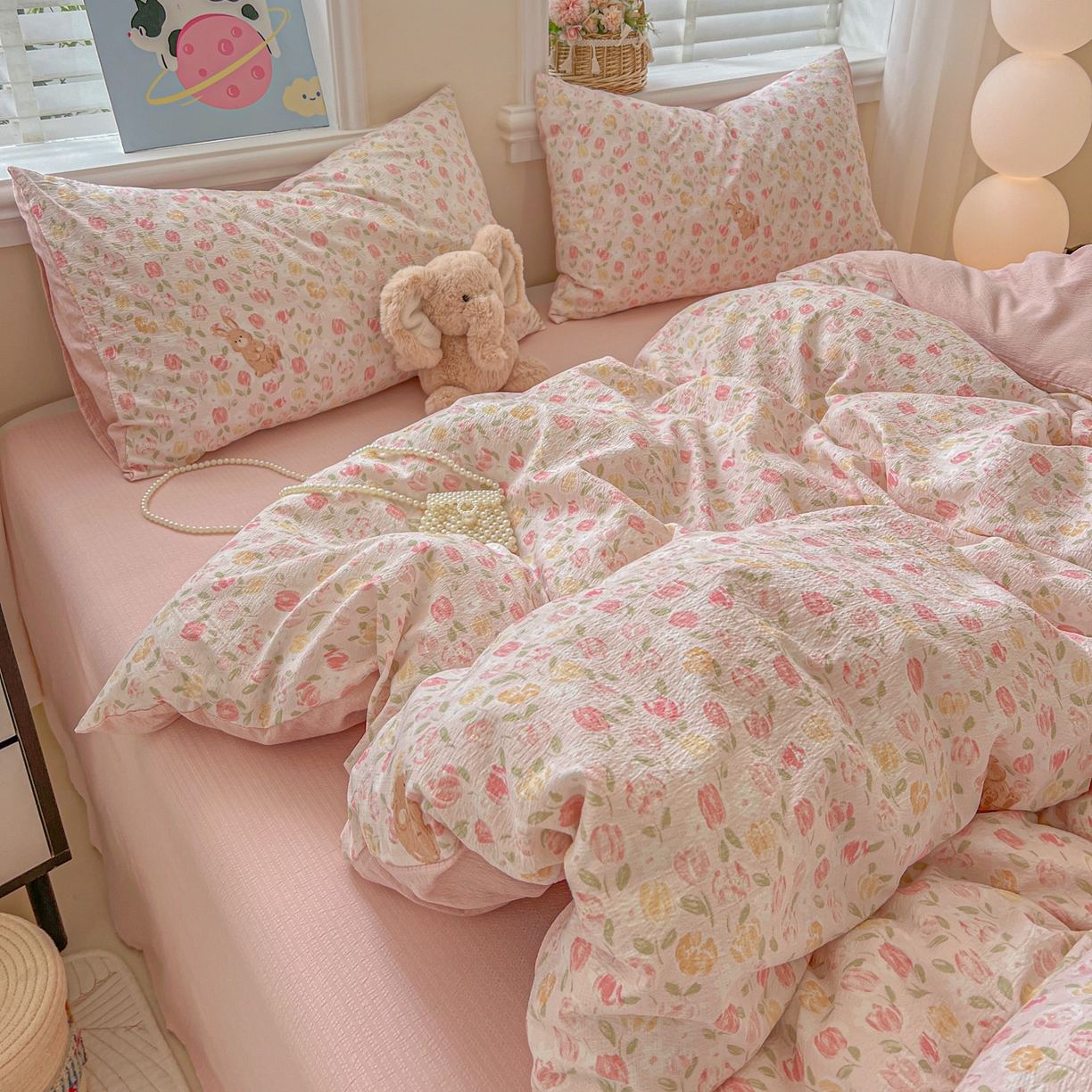 91家纺网 家纺一手货源 找家纺 梦纤绒 2025新款云感木棉皱皱双层纱四件套-简单款 郁金香小兔粉