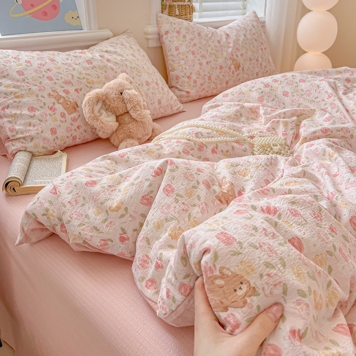 91家纺网 家纺一手货源 找家纺 梦纤绒 2025新款云感木棉皱皱双层纱四件套-简单款 郁金香小兔粉