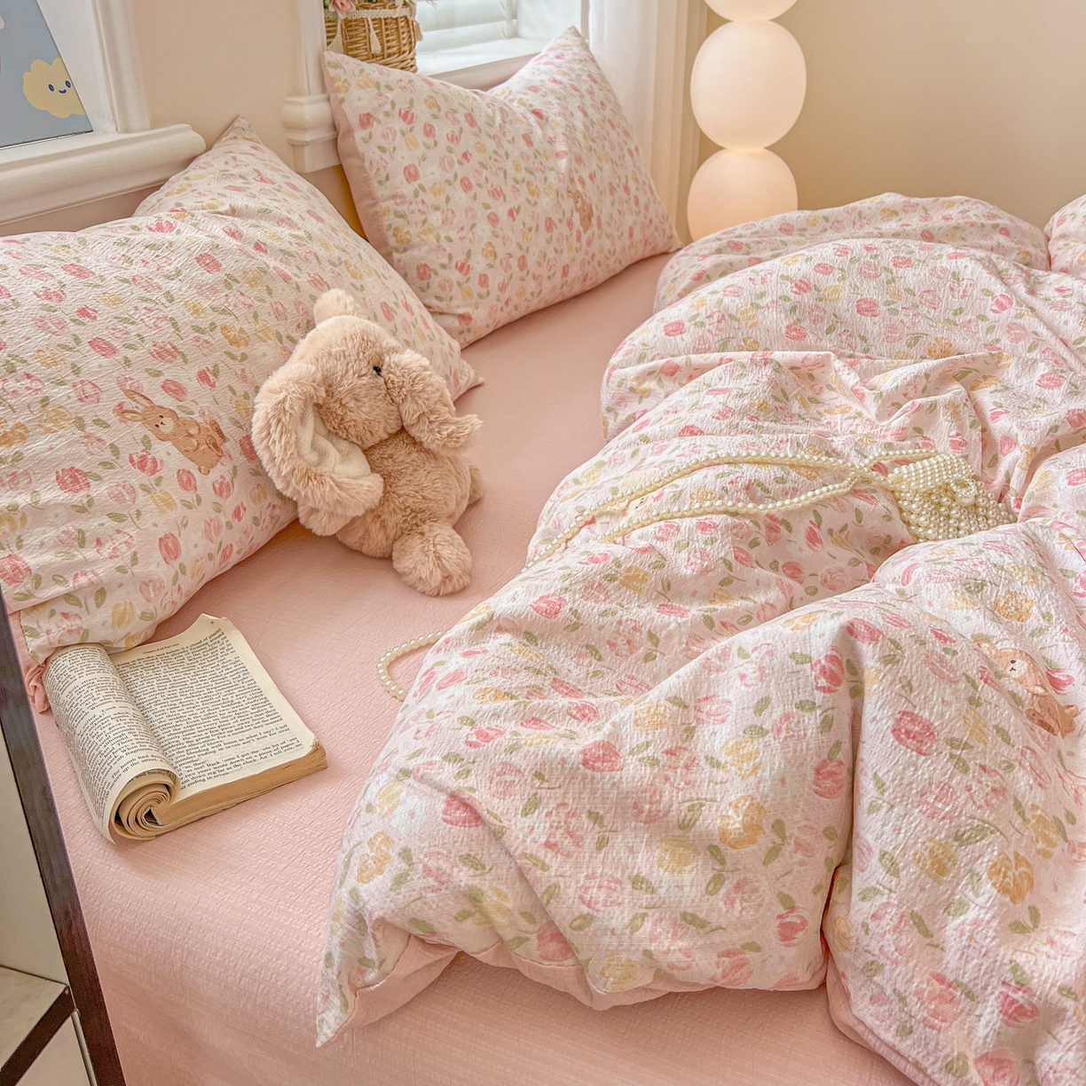 91家纺网 家纺一手货源 找家纺 梦纤绒 2025新款云感木棉皱皱双层纱四件套-简单款 郁金香小兔粉