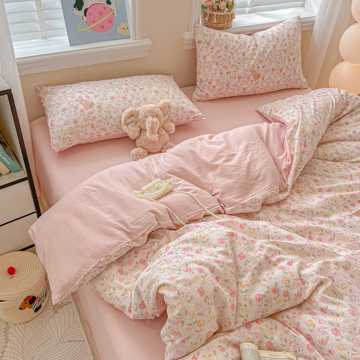 91家纺网 家纺一手货源 找家纺 梦纤绒 2025新款云感木棉皱皱双层纱四件套-简单款 郁金香小兔粉