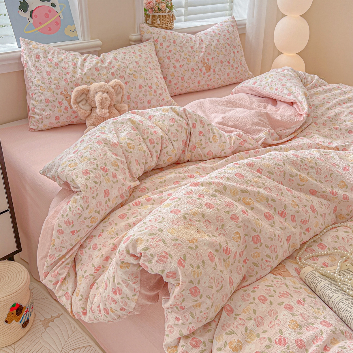 91家纺网 家纺一手货源 找家纺 梦纤绒 2025新款云感木棉皱皱双层纱四件套-简单款 郁金香小兔粉