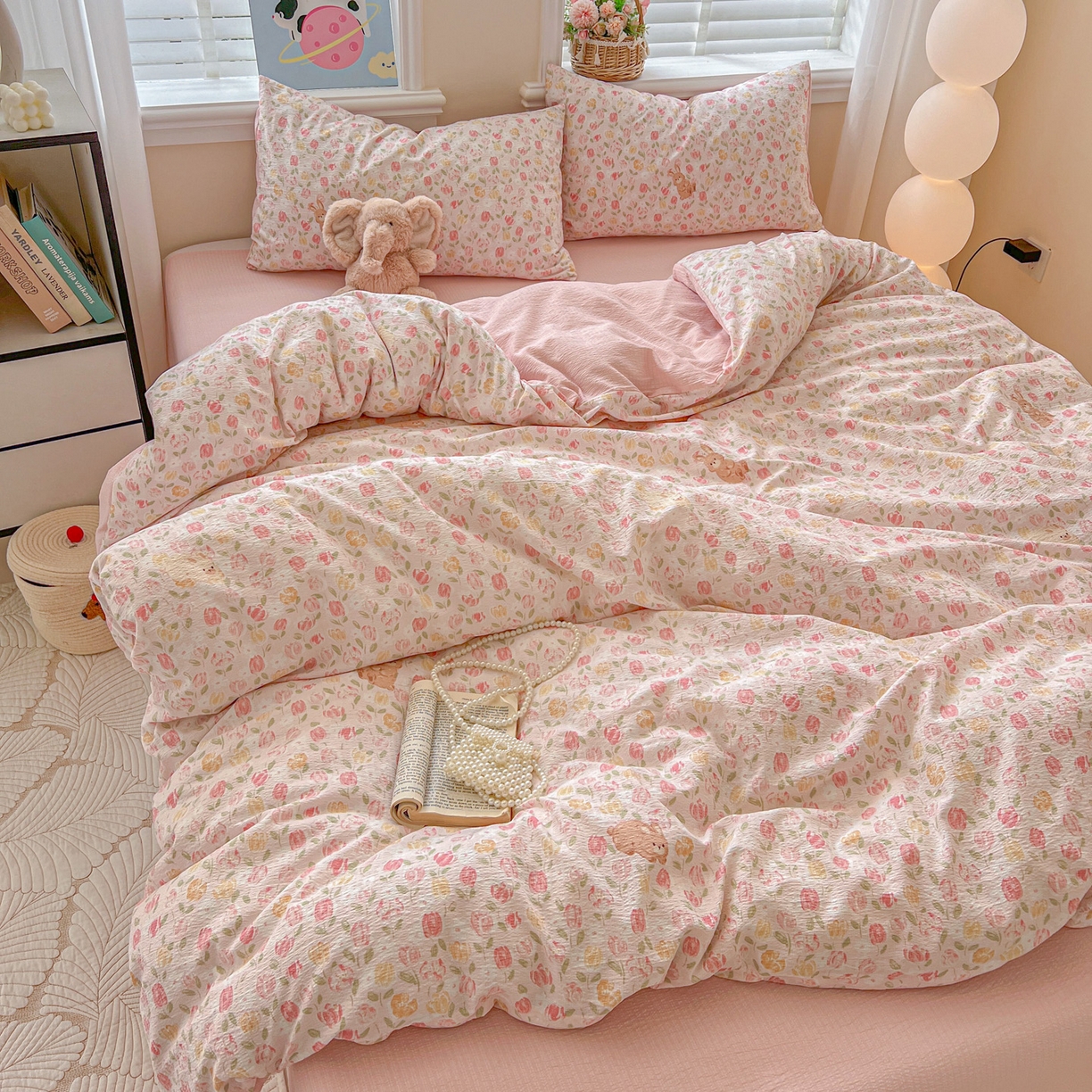 91家纺网 家纺一手货源 找家纺 梦纤绒 2025新款云感木棉皱皱双层纱四件套-简单款 郁金香小兔粉