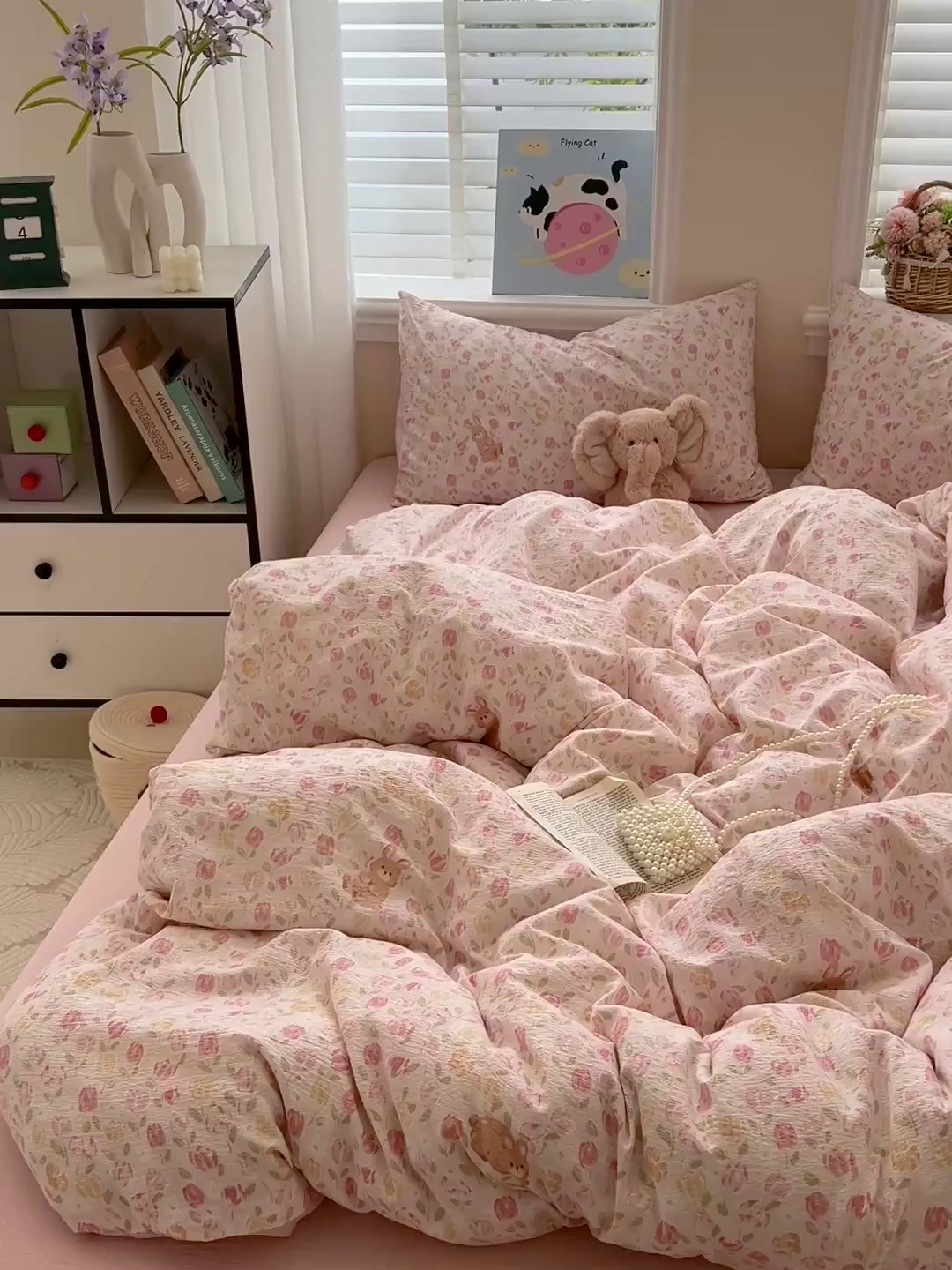 91家纺网 家纺一手货源 找家纺 梦纤绒 2025新款云感木棉皱皱双层纱四件套-简单款 郁金香小兔粉