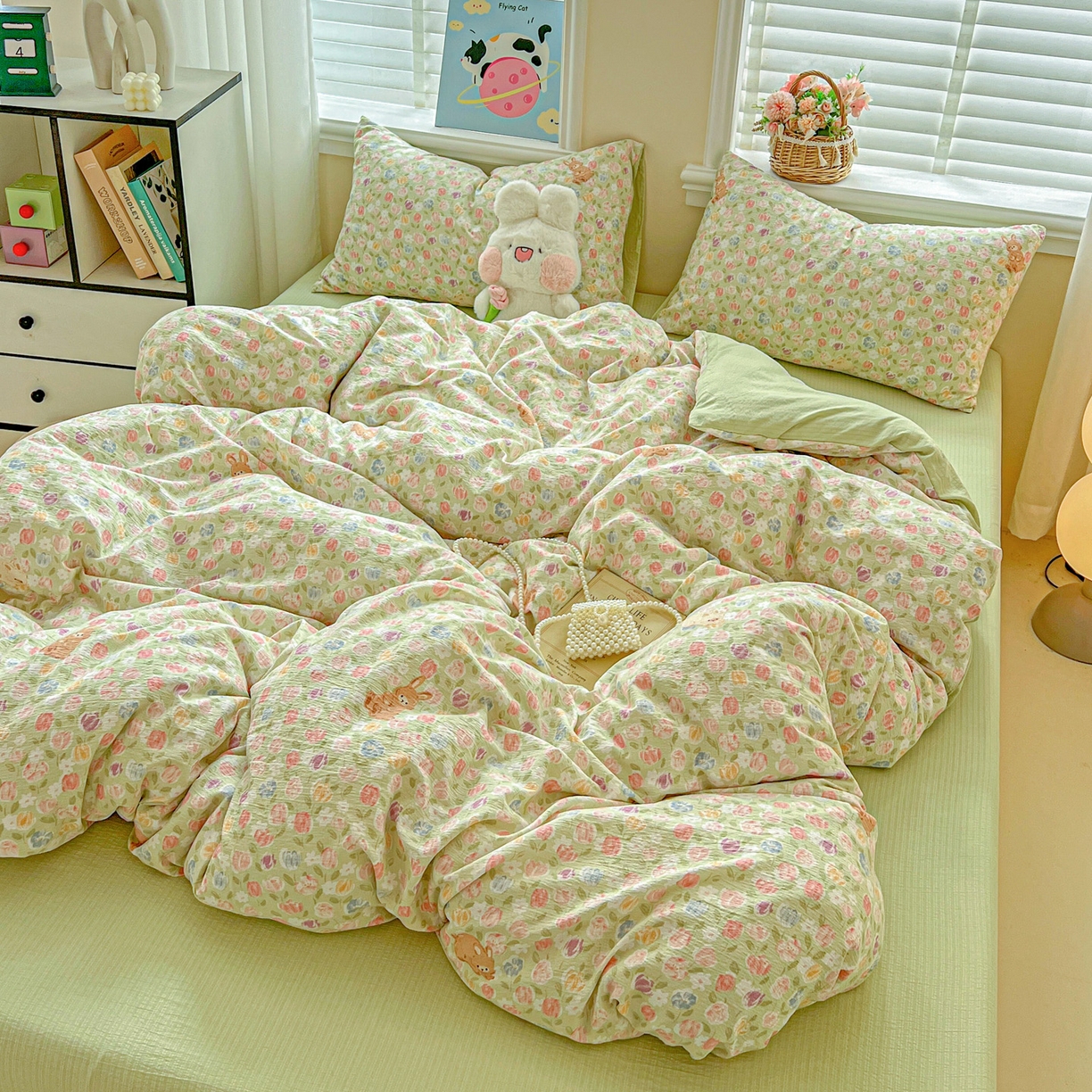 91家纺网 家纺一手货源 找家纺 梦纤绒 2025新款云感木棉皱皱双层纱四件套-简单款 郁金香小兔绿