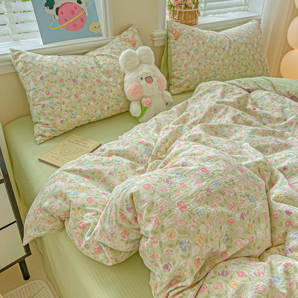 91家纺网 家纺一手货源 找家纺 梦纤绒 2025新款云感木棉皱皱双层纱四件套-简单款 郁金香小兔绿