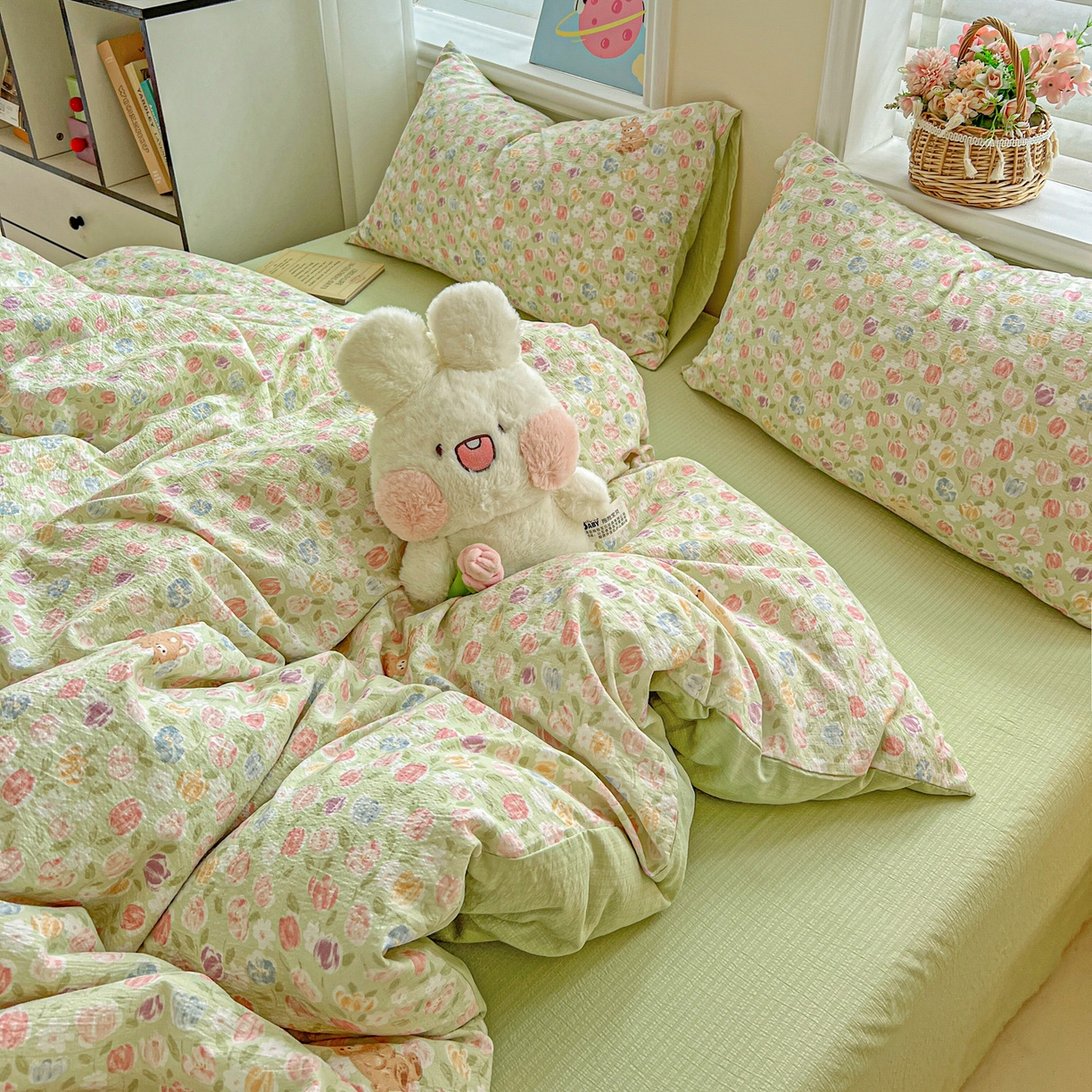 91家纺网 家纺一手货源 找家纺 梦纤绒 2025新款云感木棉皱皱双层纱四件套-简单款 郁金香小兔绿