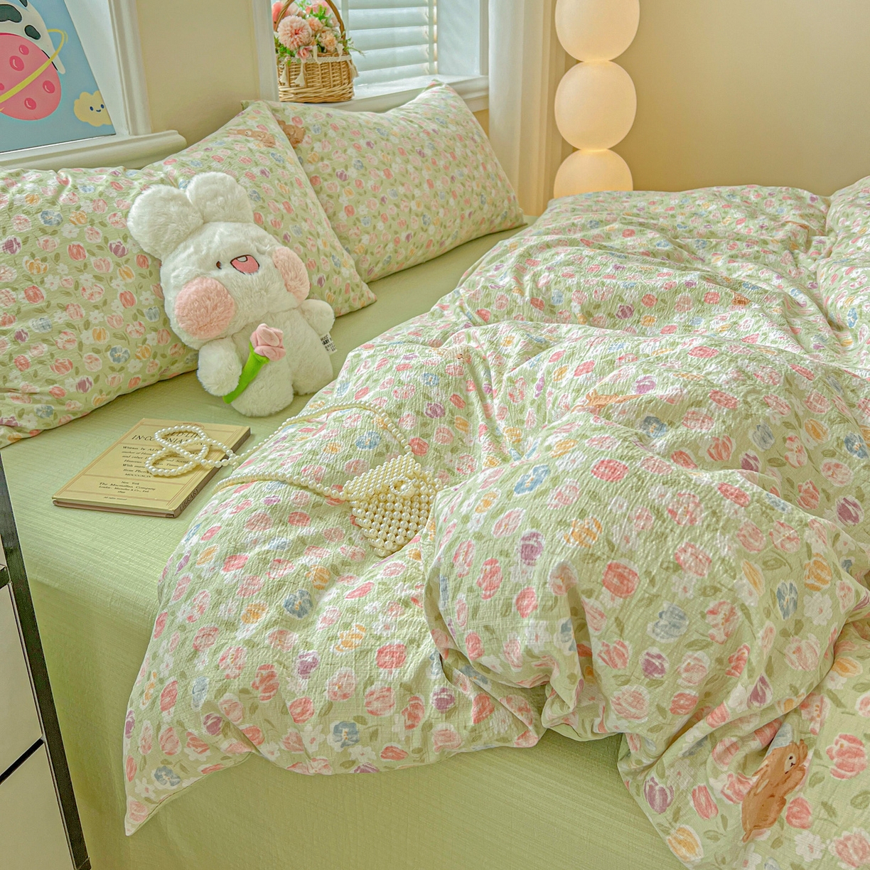 91家纺网 家纺一手货源 找家纺 梦纤绒 2025新款云感木棉皱皱双层纱四件套-简单款 郁金香小兔绿