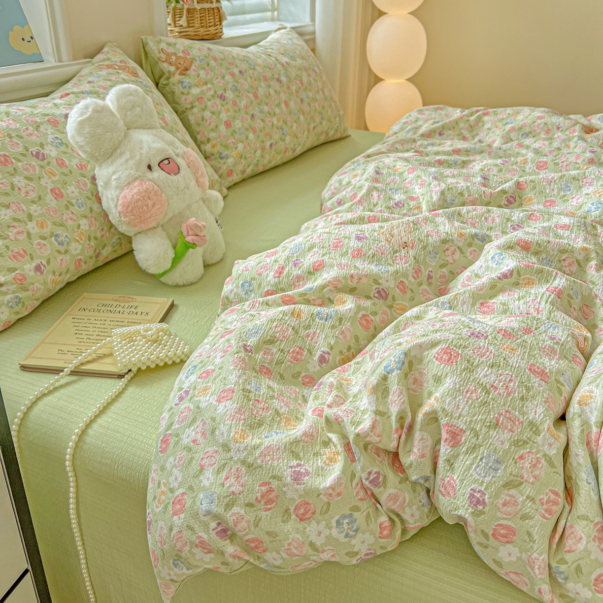 91家纺网 家纺一手货源 找家纺 梦纤绒 2025新款云感木棉皱皱双层纱四件套-简单款 郁金香小兔绿