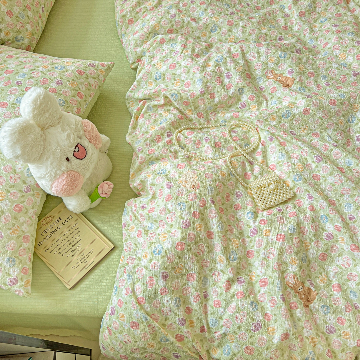 91家纺网 家纺一手货源 找家纺 梦纤绒 2025新款云感木棉皱皱双层纱四件套-简单款 郁金香小兔绿