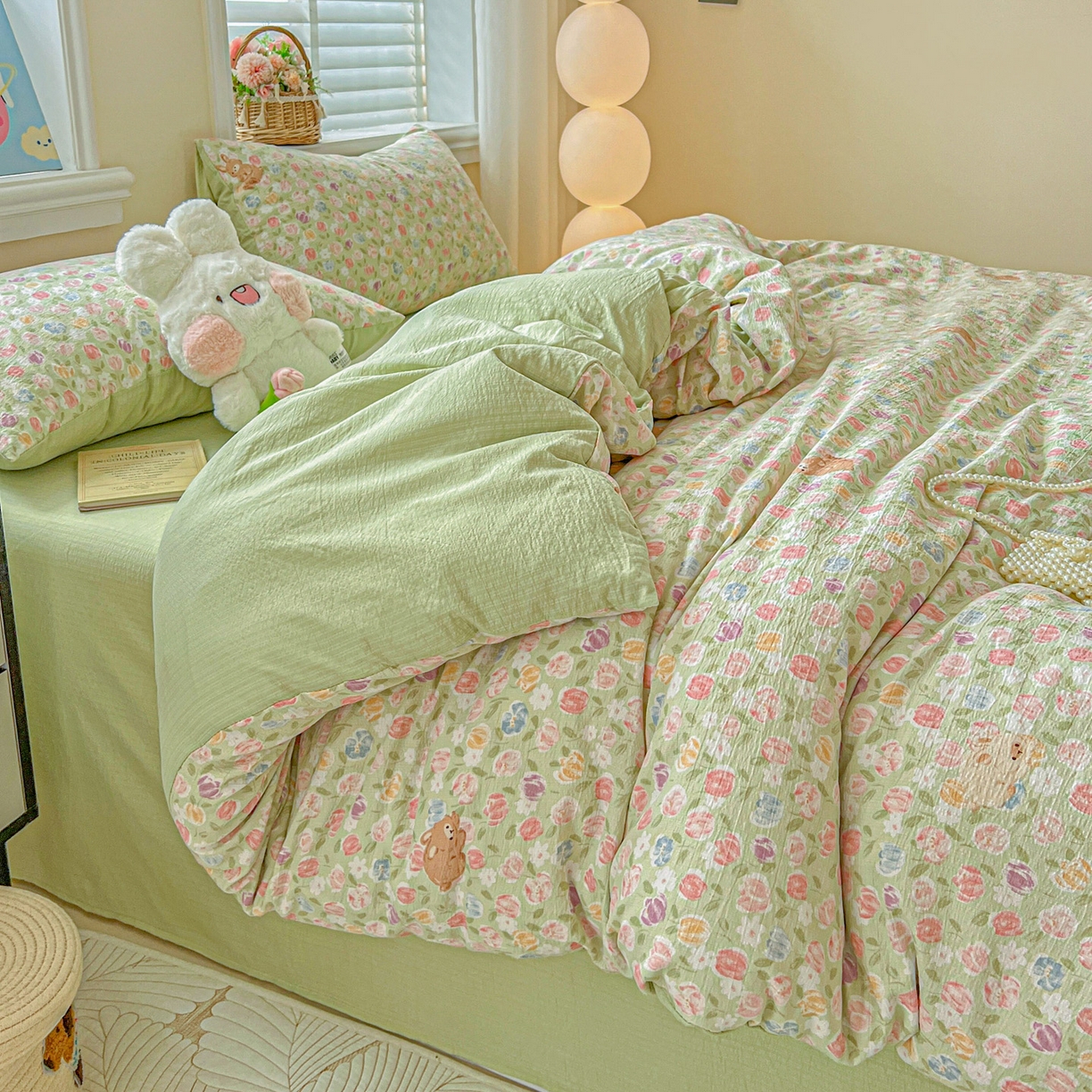 91家纺网 家纺一手货源 找家纺 梦纤绒 2025新款云感木棉皱皱双层纱四件套-简单款 郁金香小兔绿