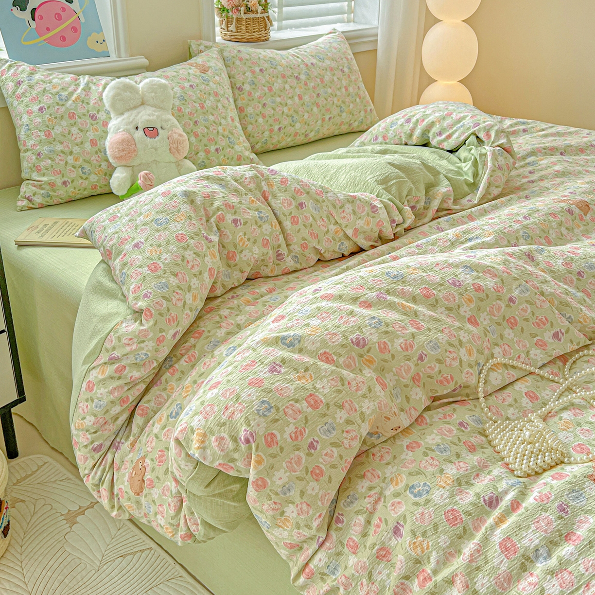 91家纺网 家纺一手货源 找家纺 梦纤绒 2025新款云感木棉皱皱双层纱四件套-简单款 郁金香小兔绿