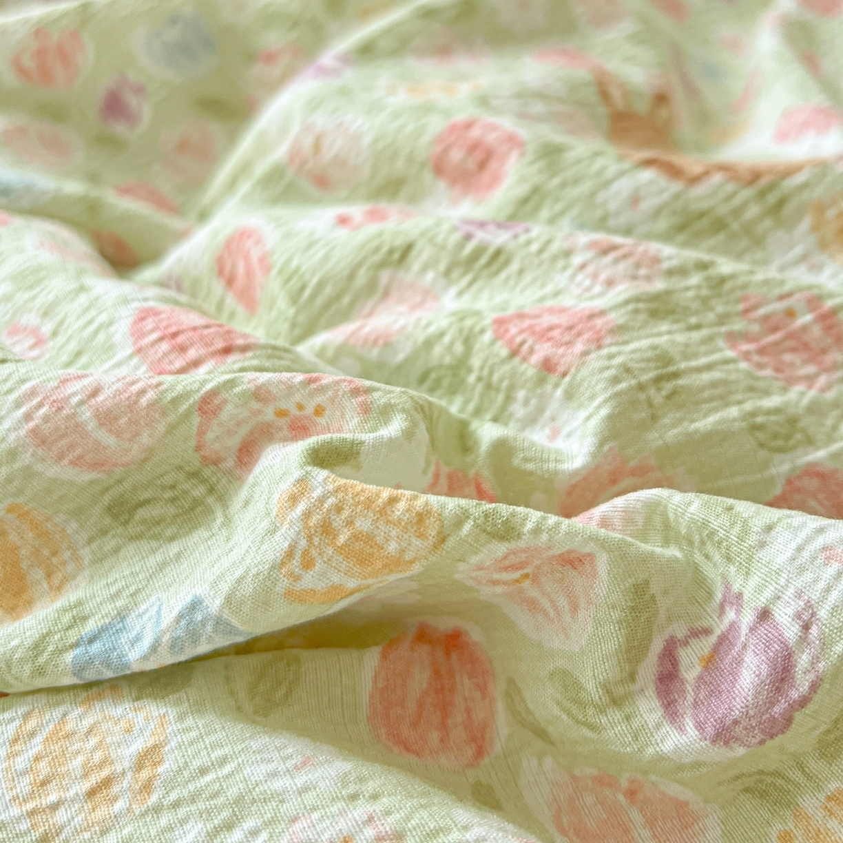 91家纺网 家纺一手货源 找家纺 梦纤绒 2025新款云感木棉皱皱双层纱四件套-简单款 郁金香小兔绿