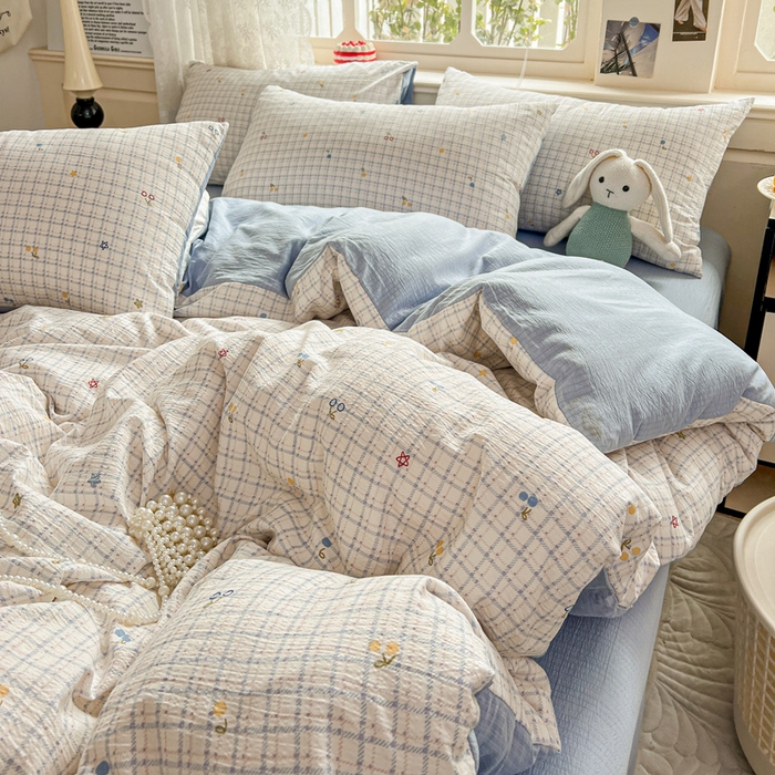 91家纺网 家纺一手货源 找家纺 梦纤绒 2025新款云感木棉皱皱双层纱四件套-简单款 遇见