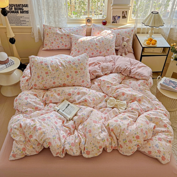 梦纤绒 2025新款云感木棉皱皱双层纱四件套-简单款 云水瑶