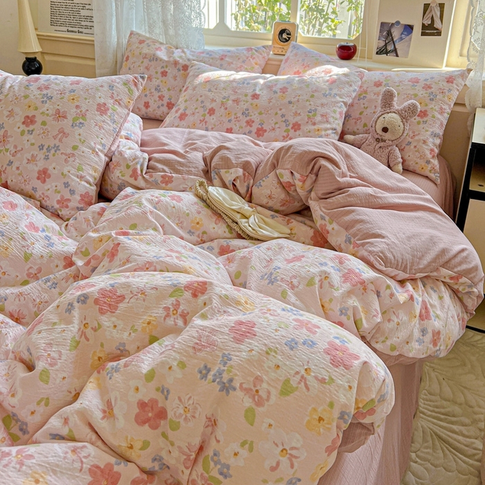 91家纺网 家纺一手货源 找家纺 梦纤绒 2025新款云感木棉皱皱双层纱四件套-简单款 云水瑶