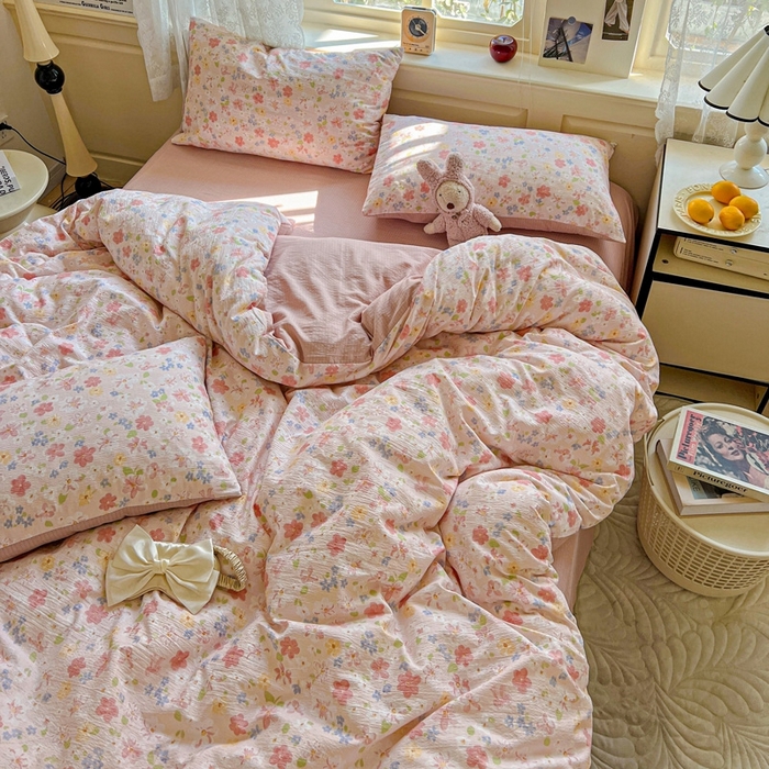 91家纺网 家纺一手货源 找家纺 梦纤绒 2025新款云感木棉皱皱双层纱四件套-简单款 云水瑶