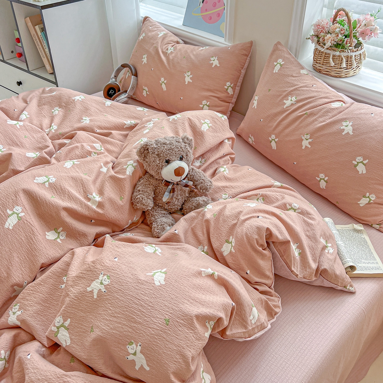 91家纺网 家纺一手货源 找家纺 梦纤绒 2025新款云感木棉皱皱双层纱四件套-简单款 运动健将熊