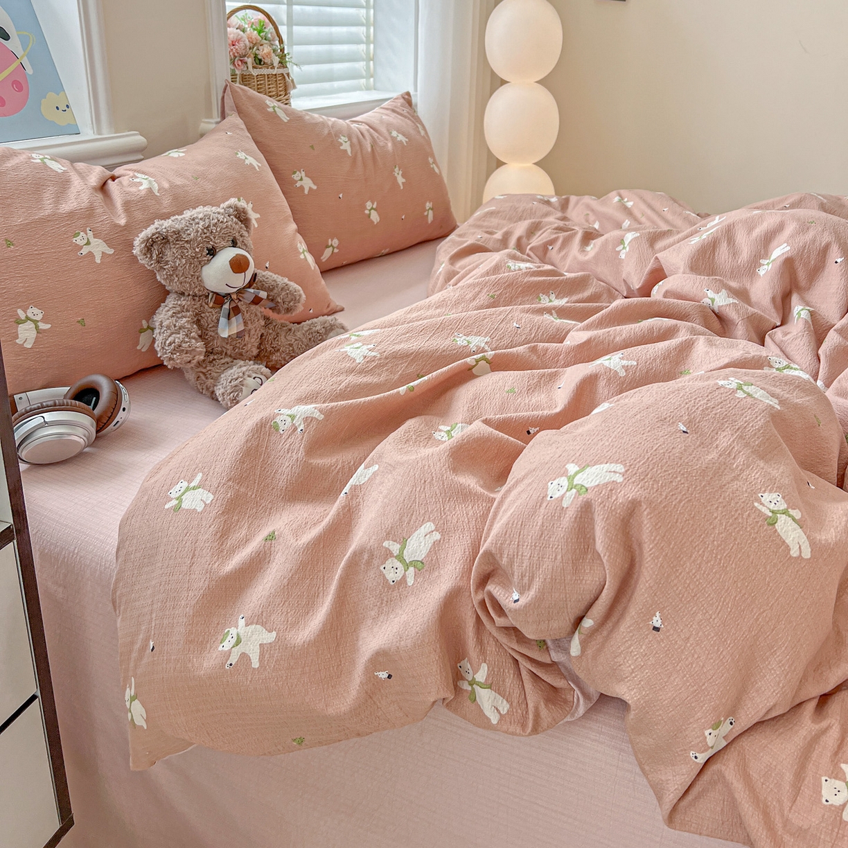 91家纺网 家纺一手货源 找家纺 梦纤绒 2025新款云感木棉皱皱双层纱四件套-简单款 运动健将熊