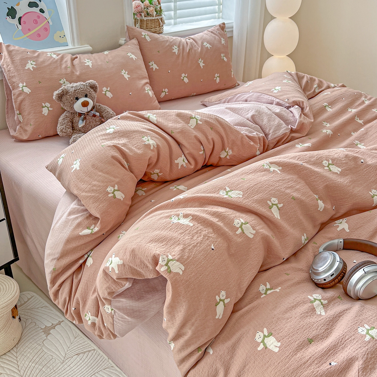 91家纺网 家纺一手货源 找家纺 梦纤绒 2025新款云感木棉皱皱双层纱四件套-简单款 运动健将熊