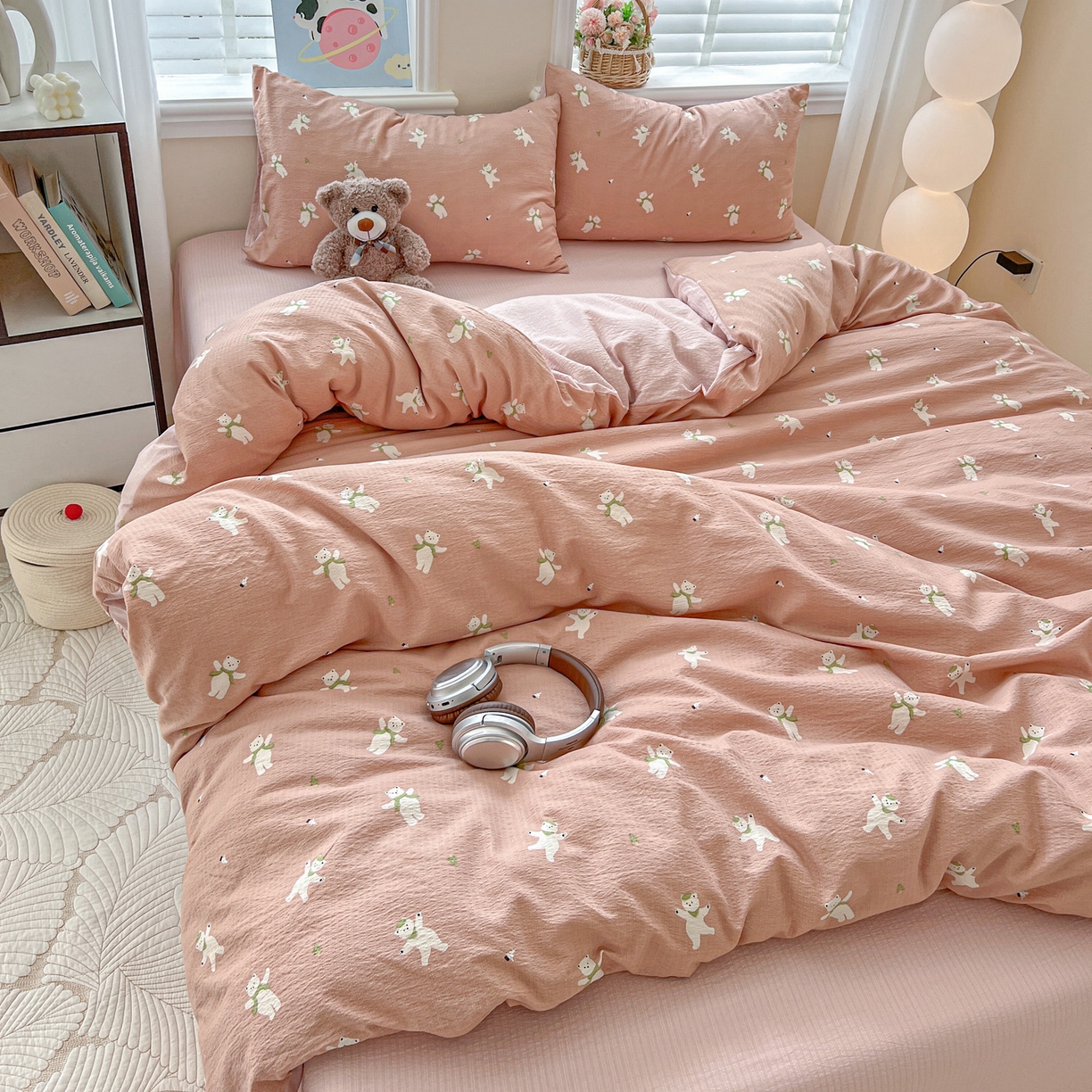 91家纺网 家纺一手货源 找家纺 梦纤绒 2025新款云感木棉皱皱双层纱四件套-简单款 运动健将熊