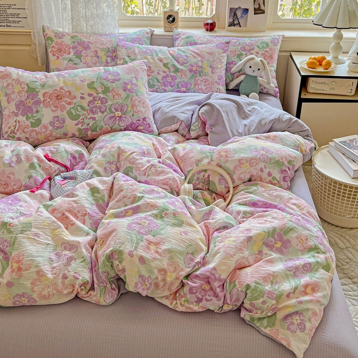 91家纺网 家纺一手货源 找家纺 梦纤绒 2025新款云感木棉皱皱双层纱四件套-简单款 韵染斑斓