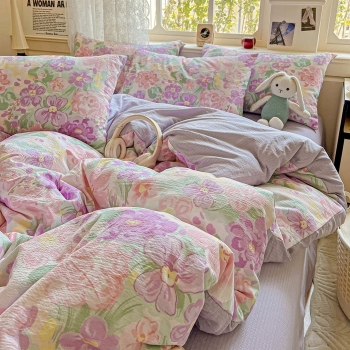 91家纺网 家纺一手货源 找家纺 梦纤绒 2025新款云感木棉皱皱双层纱四件套-简单款 韵染斑斓