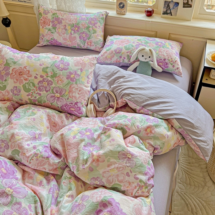 91家纺网 家纺一手货源 找家纺 梦纤绒 2025新款云感木棉皱皱双层纱四件套-简单款 韵染斑斓