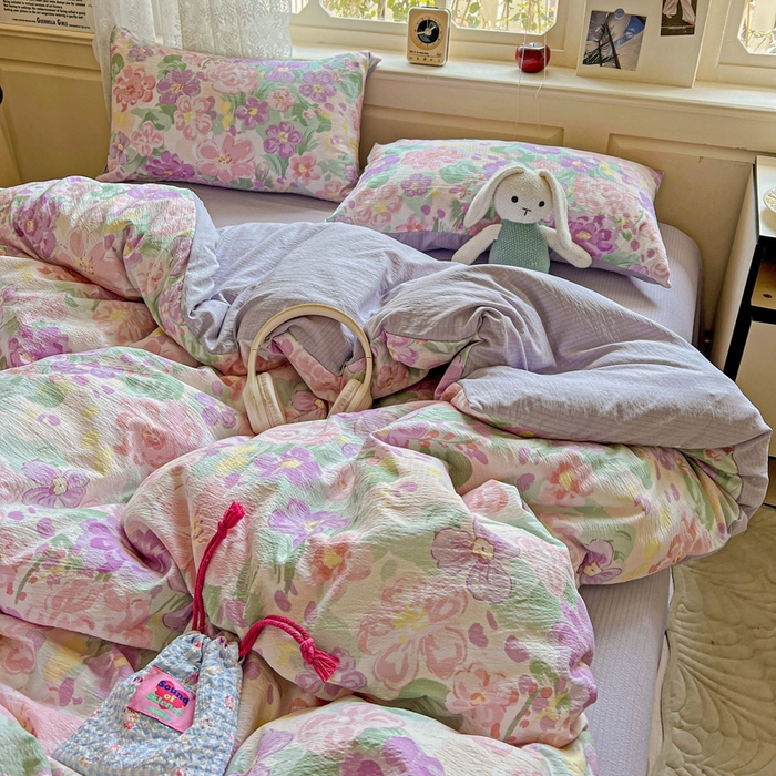 91家纺网 家纺一手货源 找家纺 梦纤绒 2025新款云感木棉皱皱双层纱四件套-简单款 韵染斑斓