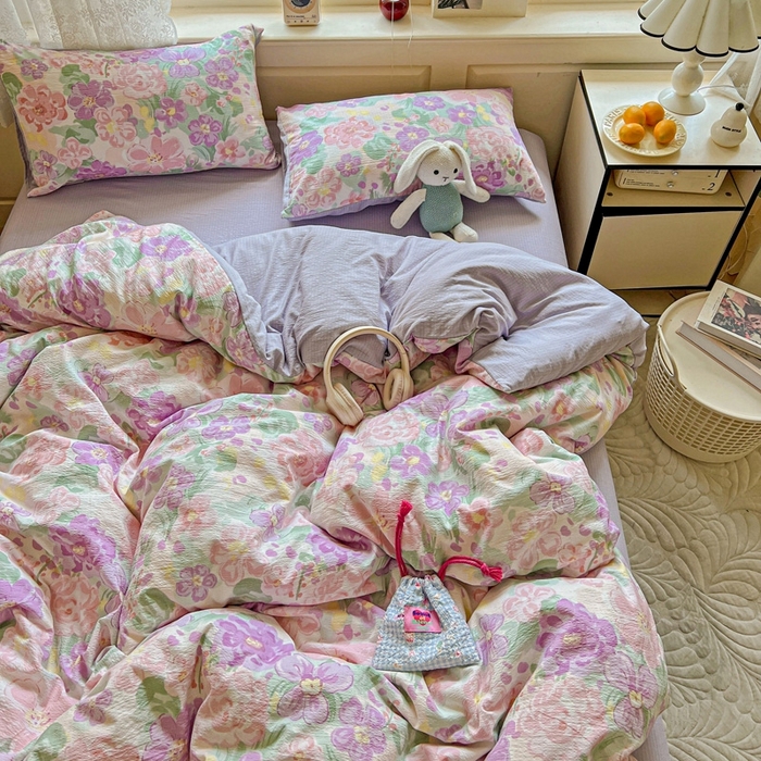 91家纺网 家纺一手货源 找家纺 梦纤绒 2025新款云感木棉皱皱双层纱四件套-简单款 韵染斑斓