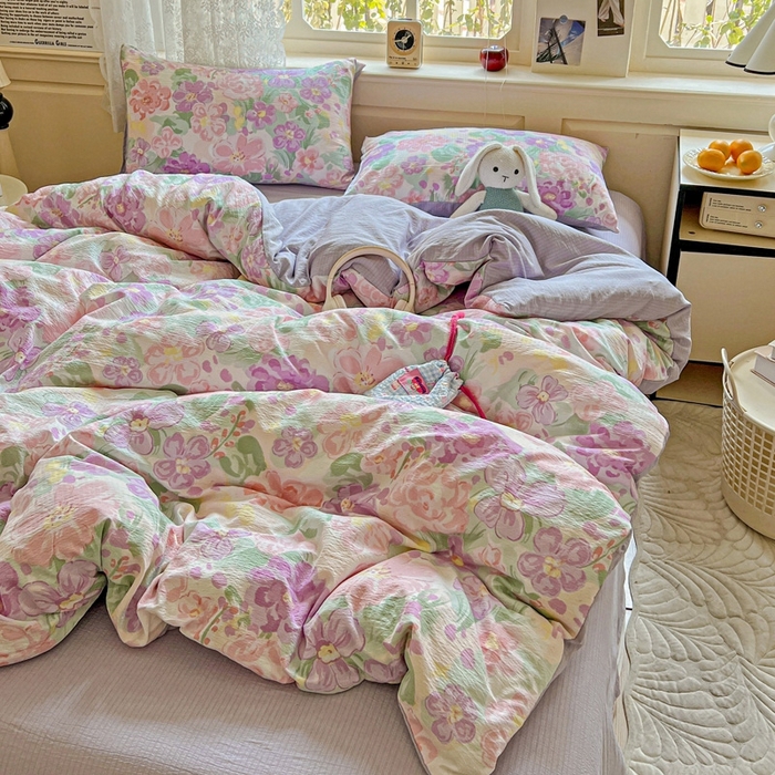 91家纺网 家纺一手货源 找家纺 梦纤绒 2025新款云感木棉皱皱双层纱四件套-简单款 韵染斑斓