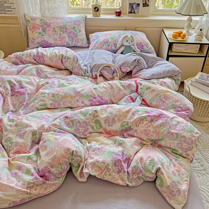 91家纺网 家纺一手货源 找家纺 梦纤绒 2025新款云感木棉皱皱双层纱四件套-简单款 韵染斑斓