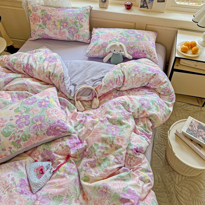 91家纺网 家纺一手货源 找家纺 梦纤绒 2025新款云感木棉皱皱双层纱四件套-简单款 韵染斑斓