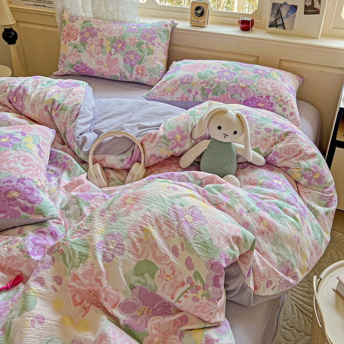 91家纺网 家纺一手货源 找家纺 梦纤绒 2025新款云感木棉皱皱双层纱四件套-简单款 韵染斑斓