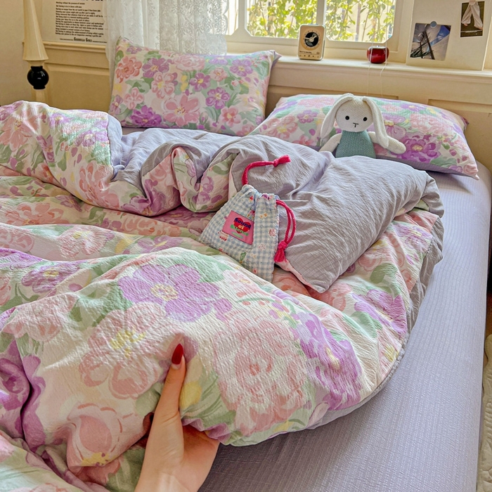 91家纺网 家纺一手货源 找家纺 梦纤绒 2025新款云感木棉皱皱双层纱四件套-简单款 韵染斑斓