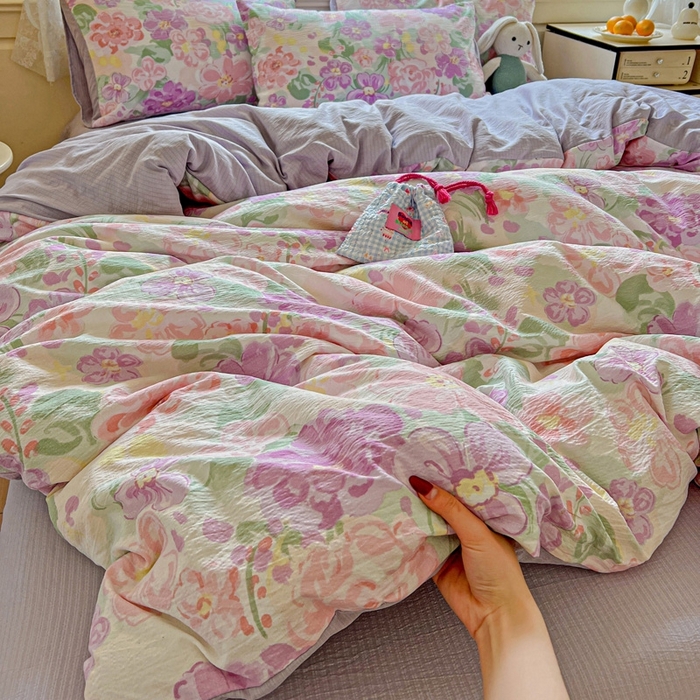 91家纺网 家纺一手货源 找家纺 梦纤绒 2025新款云感木棉皱皱双层纱四件套-简单款 韵染斑斓