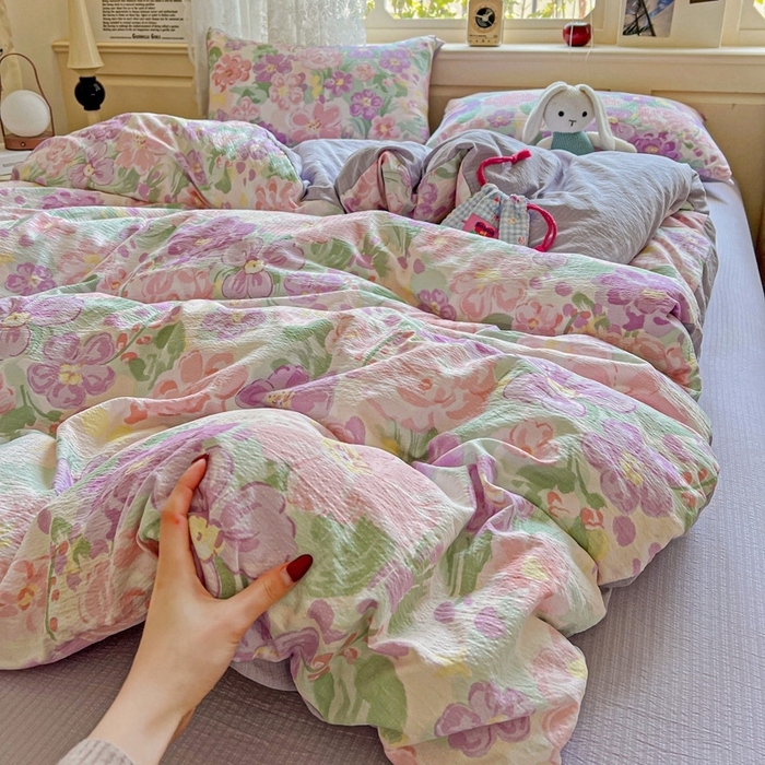 91家纺网 家纺一手货源 找家纺 梦纤绒 2025新款云感木棉皱皱双层纱四件套-简单款 韵染斑斓