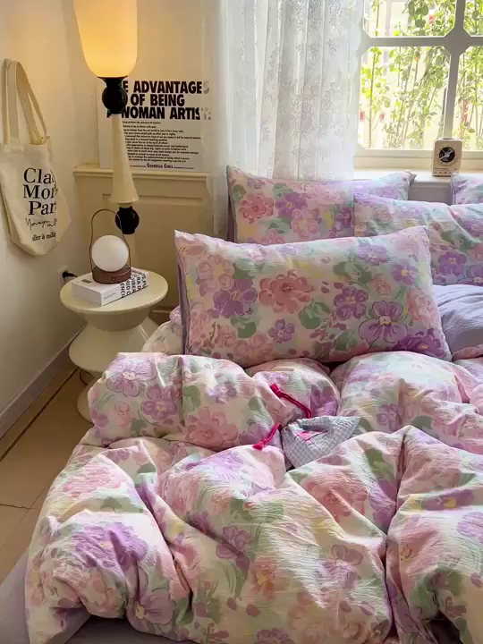 91家纺网 家纺一手货源 找家纺 梦纤绒 2025新款云感木棉皱皱双层纱四件套-简单款 韵染斑斓