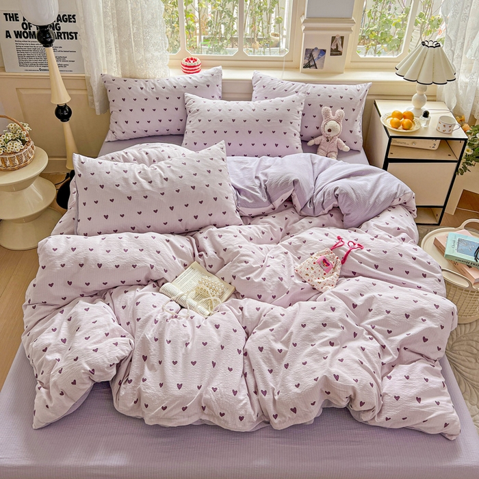 梦纤绒 2025新款云感木棉皱皱双层纱四件套-简单款 紫爱心