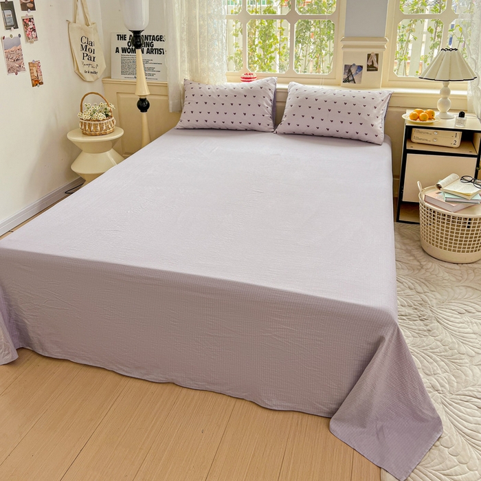 91家纺网 家纺一手货源 找家纺 梦纤绒 2025新款云感木棉皱皱双层纱四件套-简单款 紫爱心