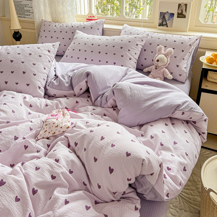 91家纺网 家纺一手货源 找家纺 梦纤绒 2025新款云感木棉皱皱双层纱四件套-简单款 紫爱心