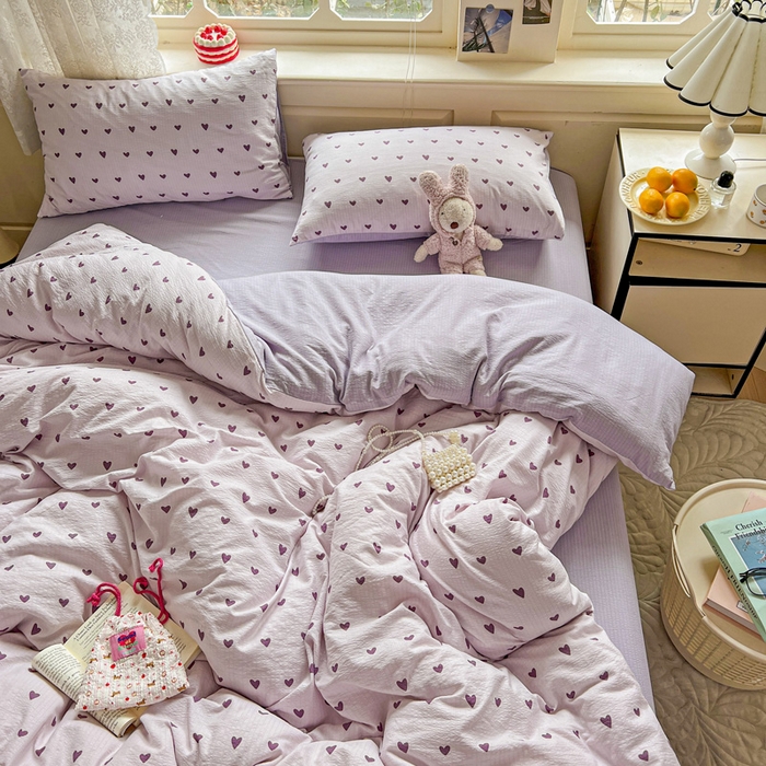 91家纺网 家纺一手货源 找家纺 梦纤绒 2025新款云感木棉皱皱双层纱四件套-简单款 紫爱心