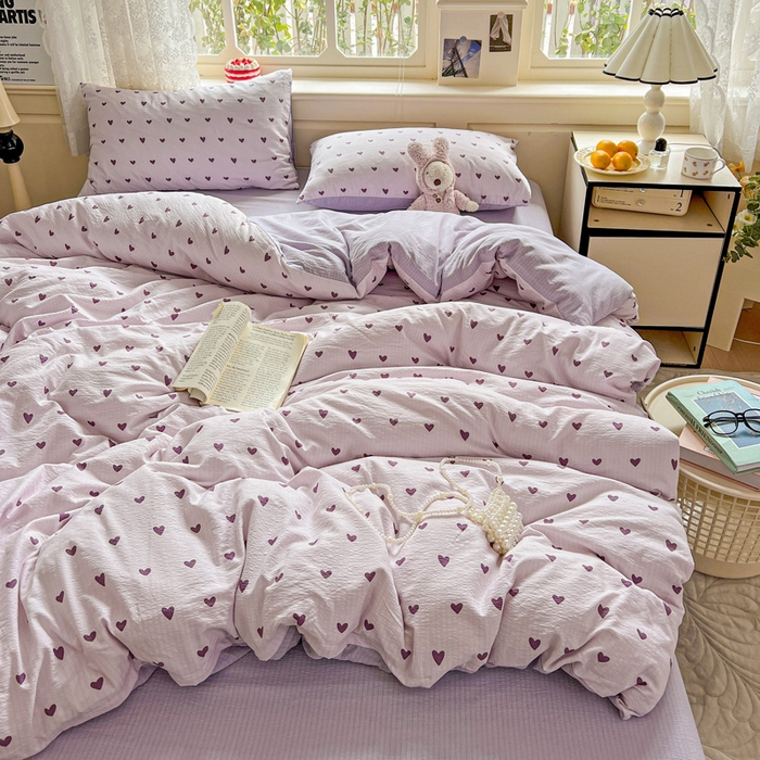 91家纺网 家纺一手货源 找家纺 梦纤绒 2025新款云感木棉皱皱双层纱四件套-简单款 紫爱心
